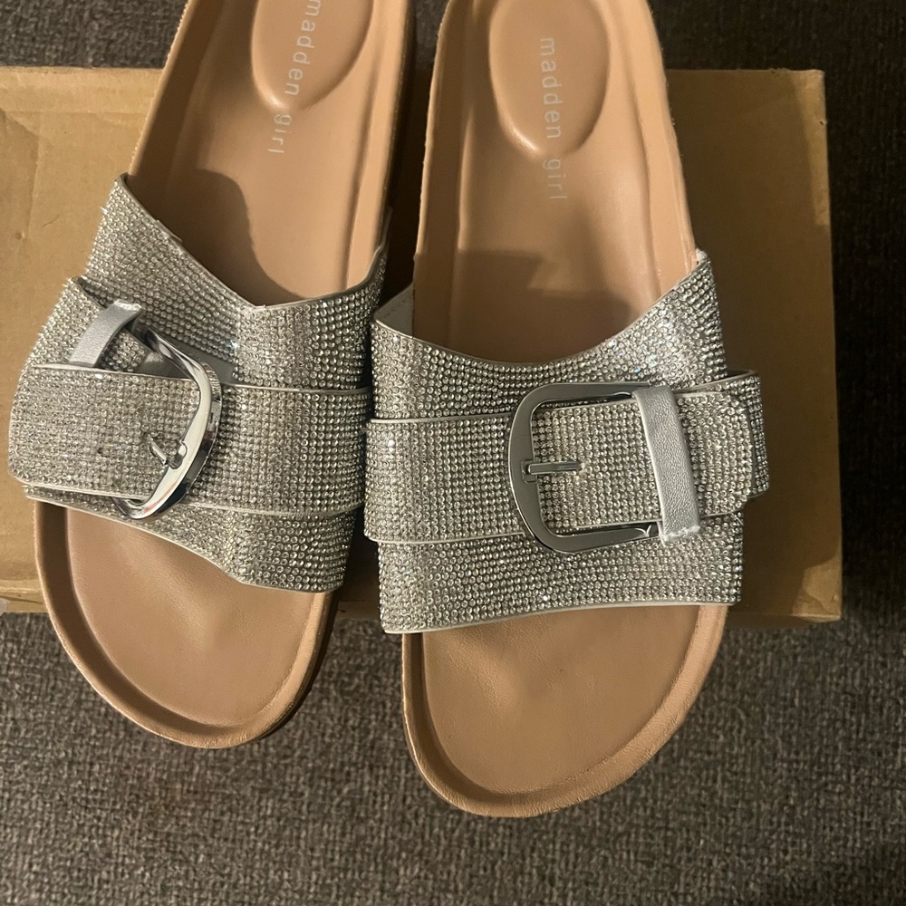 Madden Girl Sparkling Silver Slide Sandals